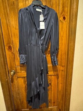 Zimmerman NWT Silky Navy Wrap Dress with Ruffle Hem